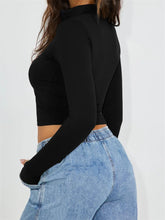 Spring Autumn Casual Slim Fit Solid Long Sleeve Stand Collar Zip Up Streetwear Tee